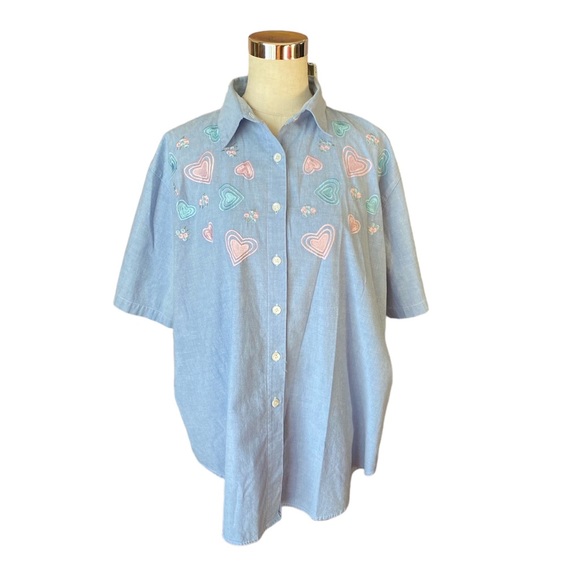 MYSTIC BLUES Women’s Shirt Embroidered Floral Flowers With Hearts - Picture 1 of 4